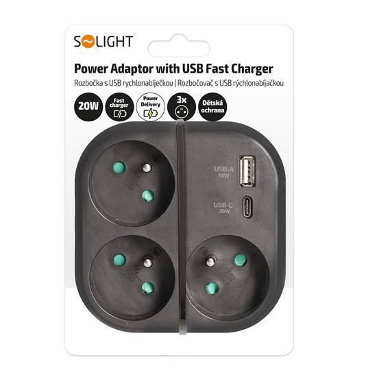 Solight rozbočka 3x 16A, USB A+C rychlonabíječka 20W PD, černá