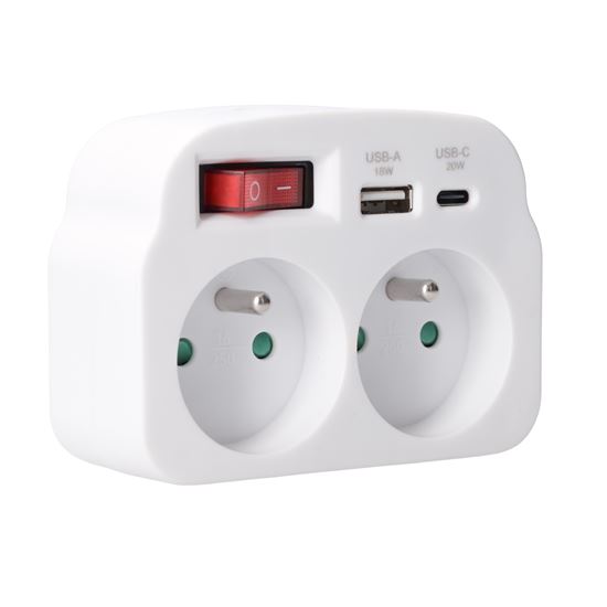 Solight rozbočka 2 x 16A, USB A+C rychlonabíječka 20W PD, bílá, vypínač