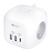 Solight 3z + USB A+C prodlužovací přívod - kostka, kabel 2m, 3 x 1mm2, bílý, vypínač