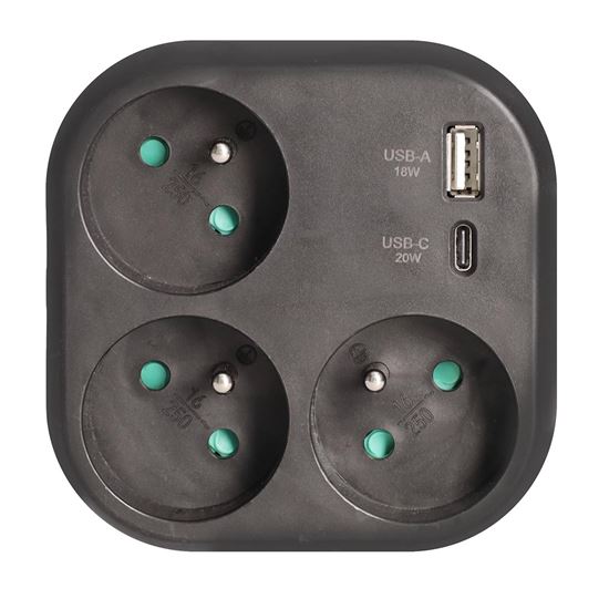 Solight rozbočka 3x 16A, USB A+C rychlonabíječka 20W PD, černá