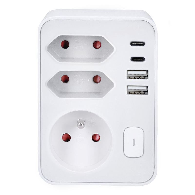 Solight rozbočka 1x 16A + 2x 2,5A, 2xUSB A+C rychlonabíječka 20W PD, bílá, vypínač