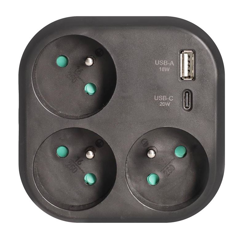 Solight rozbočka 3x 16A, USB A+C rychlonabíječka 20W PD, černá