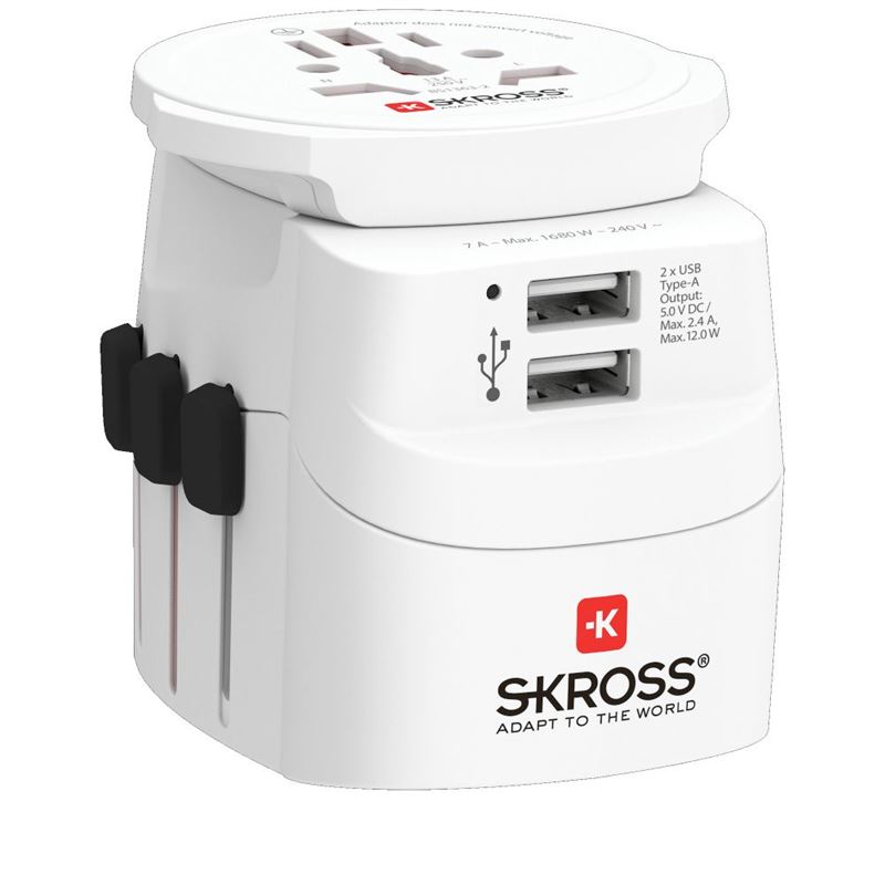SKROSS cestovní adaptér PRO Light USB 2A - World, UK+USA+AUS/CN, univerzální, uzemněný, 2x USB-A 12W