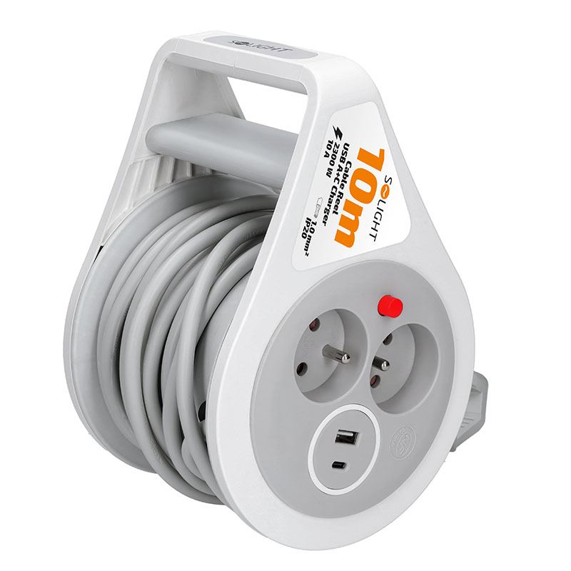 Solight prodlužovací přívod na bubnu 10m, USB A+C, 2 zásuvky, šedý kabel, 3x 1,0mm2