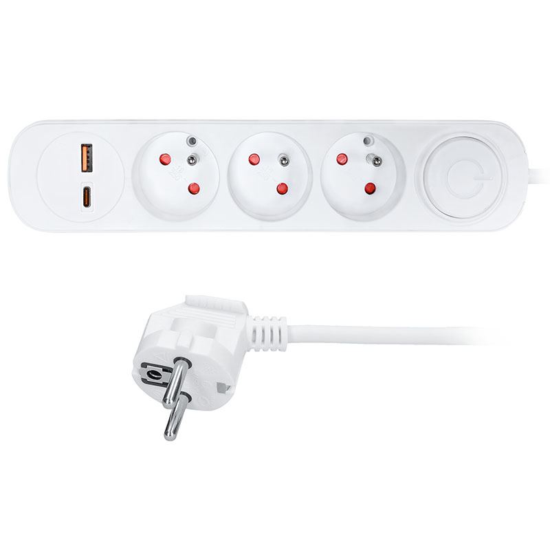 Solight prodlužovací přívod 3 zásuvky, USB A+C 20W PD, 2m, 3 x 1mm2, bílý, vypínač