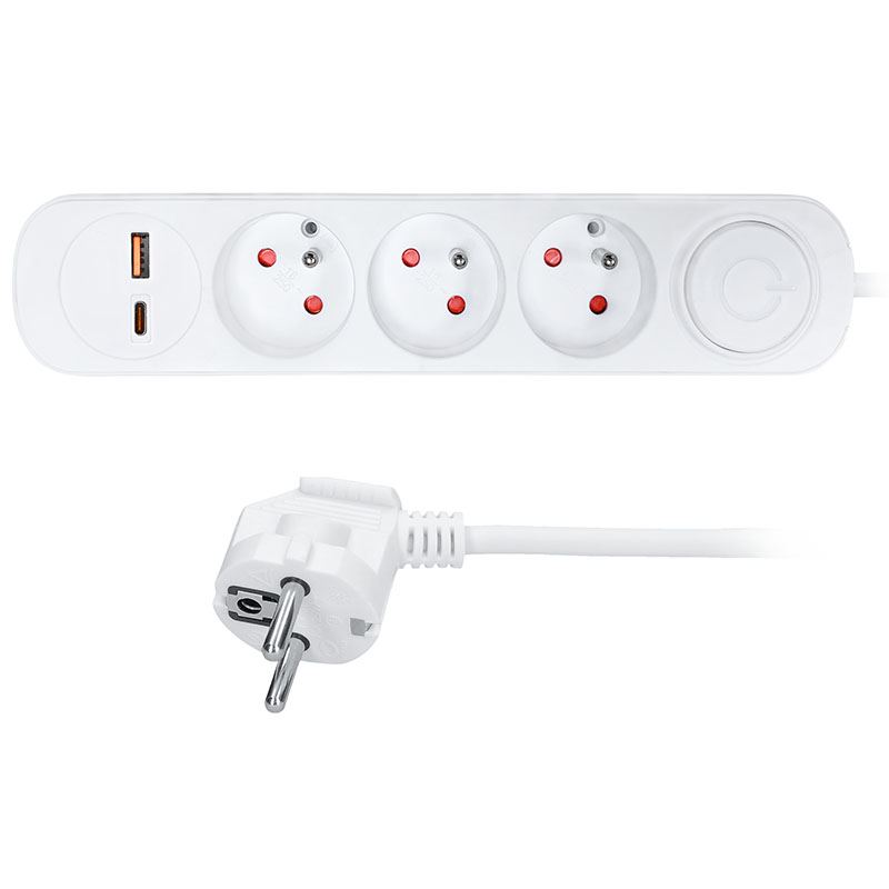 Solight prodlužovací přívod 3 zásuvky, USB A+C 20W PD, 3m, 3 x 1mm2, bílý, vypínač