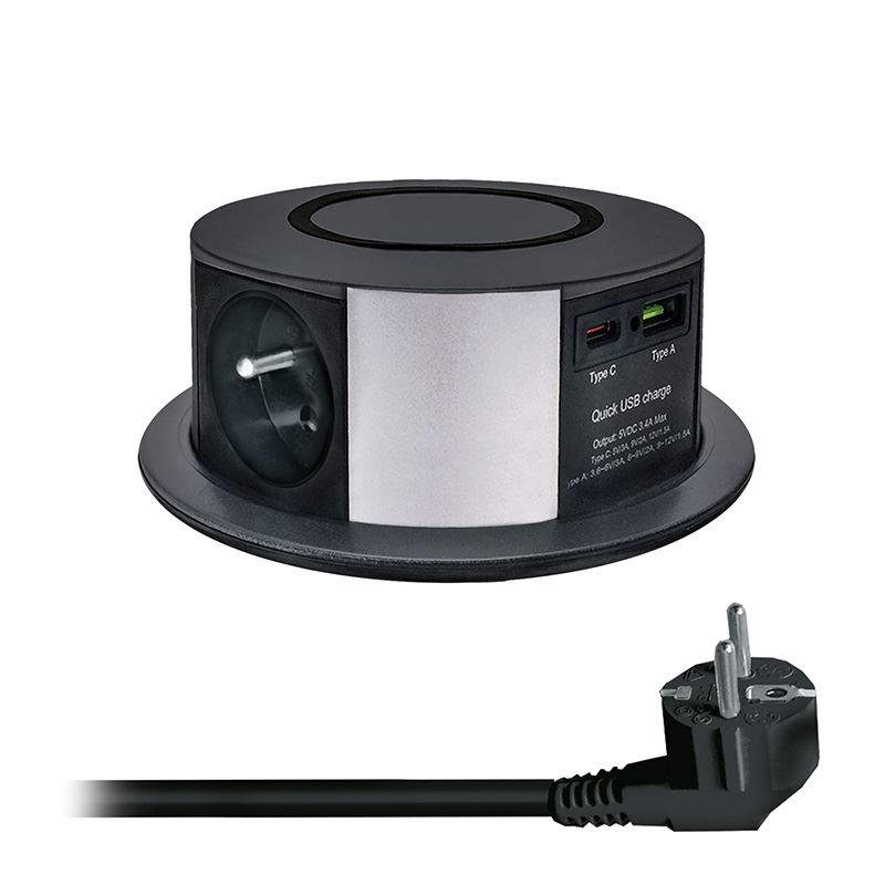 Solight 3z + USB A+C 20W PD, Wireless 10W, výsuvný blok zásuvek, 2m,  černý