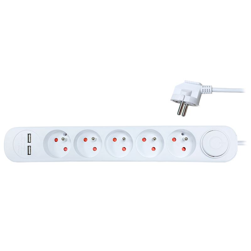 Solight prodlužovací přívod 5 zásuvek, USB A+A nabíječka 12W, 3m, 3 x 1mm2, bílý, vypínač