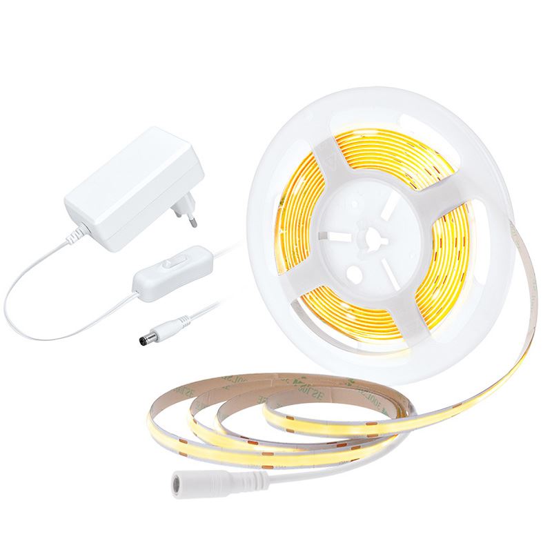 Solight LED COB pásek, sada s adaptérem, vypínač, 5m, 8W/m, 800lm/m, teplá bílá